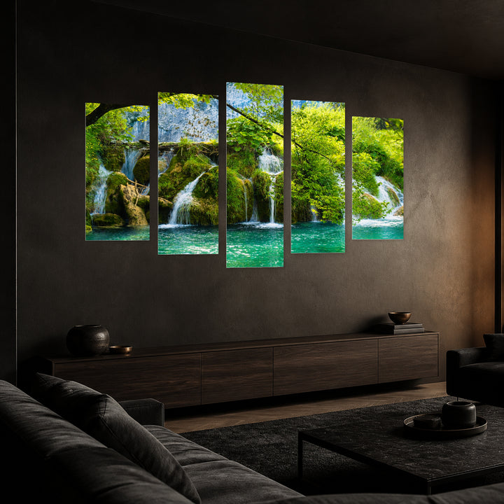Landscape with Waterfalls with Dreamlike Atmosphere — five-panel wall art in perspective interior | 5wallart 55371 M2