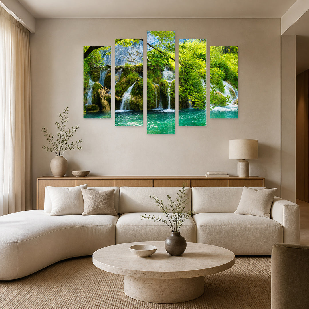 Landscape with Waterfalls with Dreamlike Atmosphere — five-panel wall art in frontal interior | 5wallart 55371 M3
