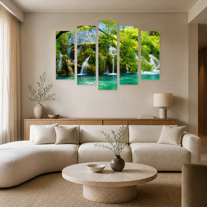 Landscape with Waterfalls with Dreamlike Atmosphere — five-panel wall art in frontal interior | 5wallart 55371 M3