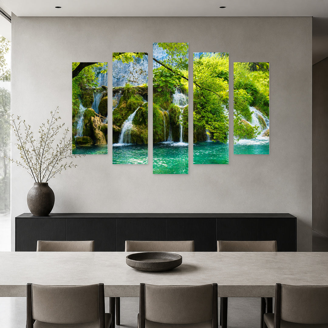 Landscape with Waterfalls with Dreamlike Atmosphere — five-panel wall art in alternate frontal interior | 5wallart 55371 M4