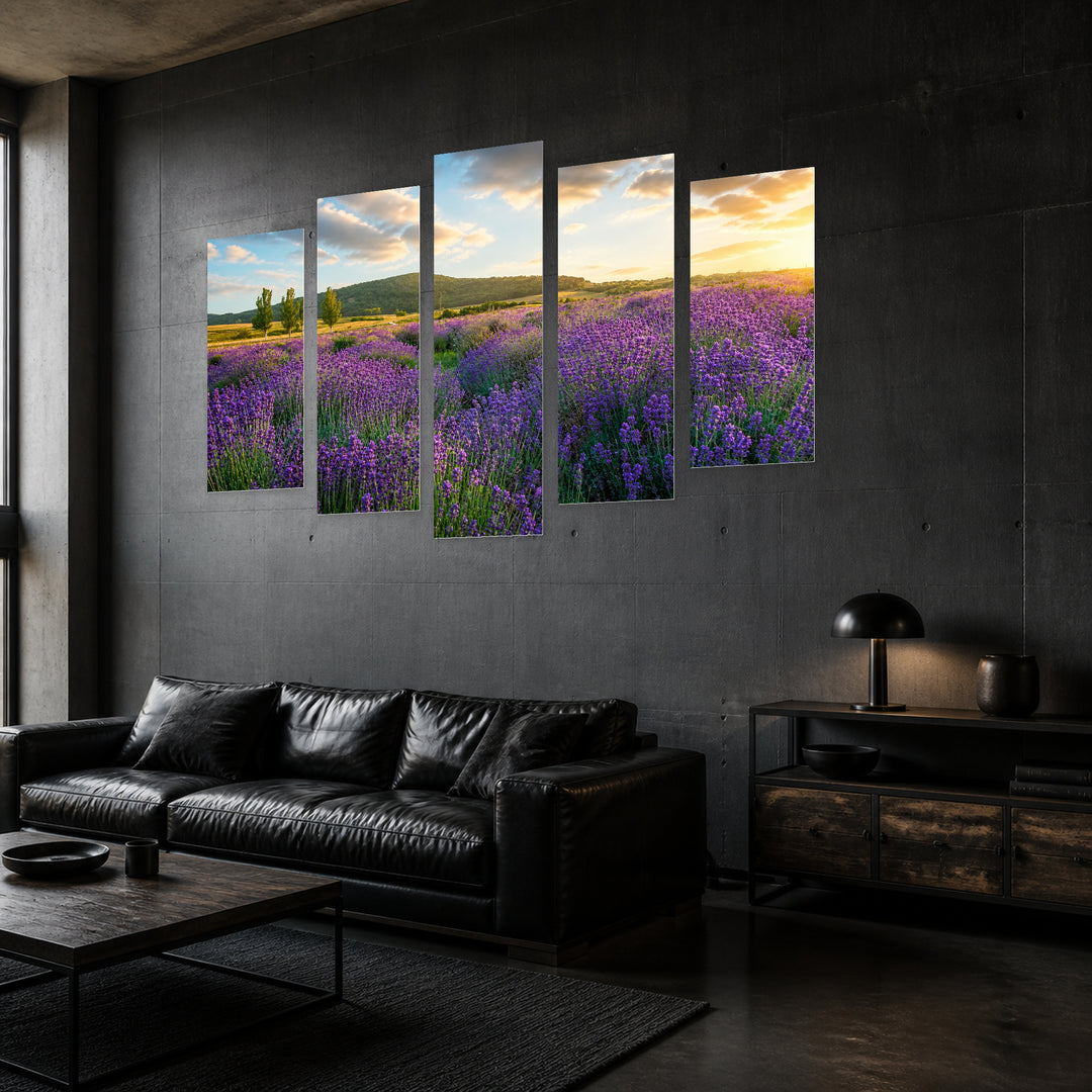 Lavender Field in Serene Light — five-panel wall art in perspective interior | 5wallart 55372 M2