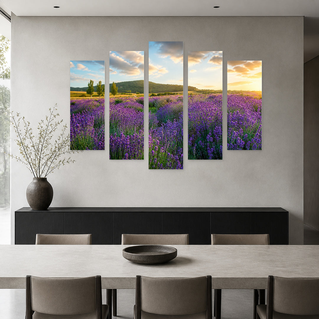 Lavender Field in Serene Light — five-panel wall art in frontal interior | 5wallart 55372 M3