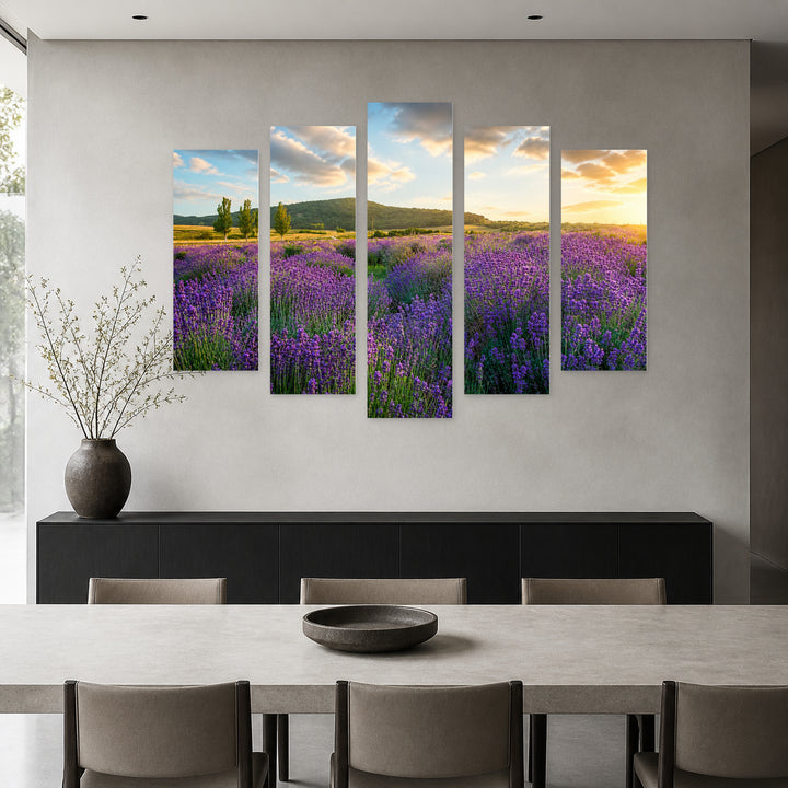 Lavender Field in Serene Light — five-panel wall art in frontal interior | 5wallart 55372 M3