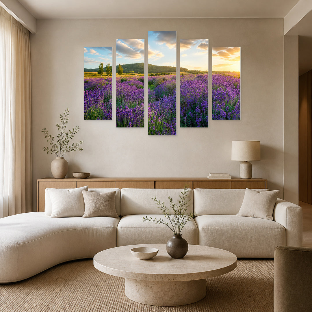Lavender Field in Serene Light — five-panel wall art in alternate frontal interior | 5wallart 55372 M4