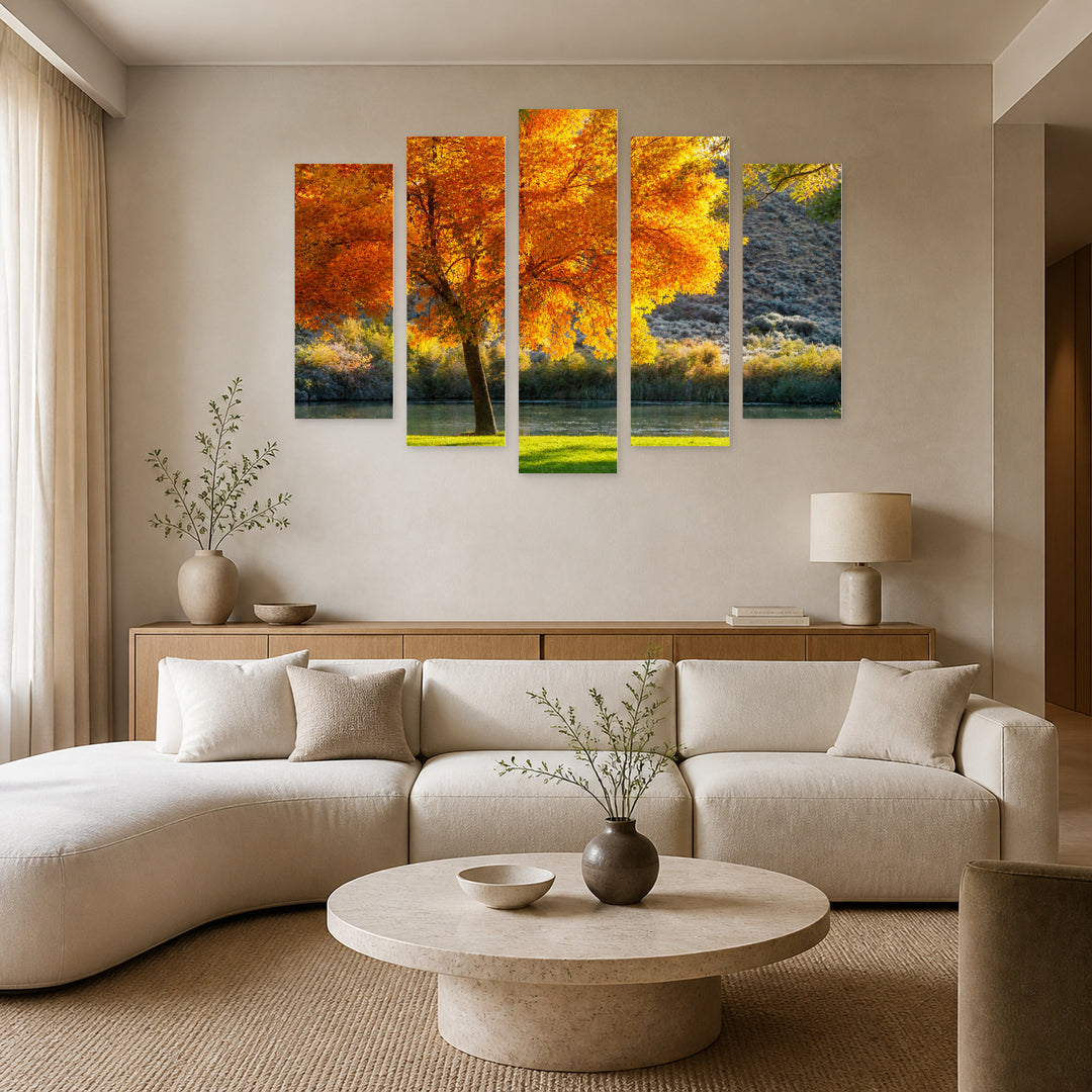 Autumn Tree in Vivid Color — five-panel wall art in frontal interior | 5wallart 55373 M3