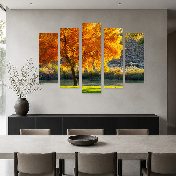 Autumn Tree in Vivid Color — five-panel wall art in alternate frontal interior | 5wallart 55373 M4