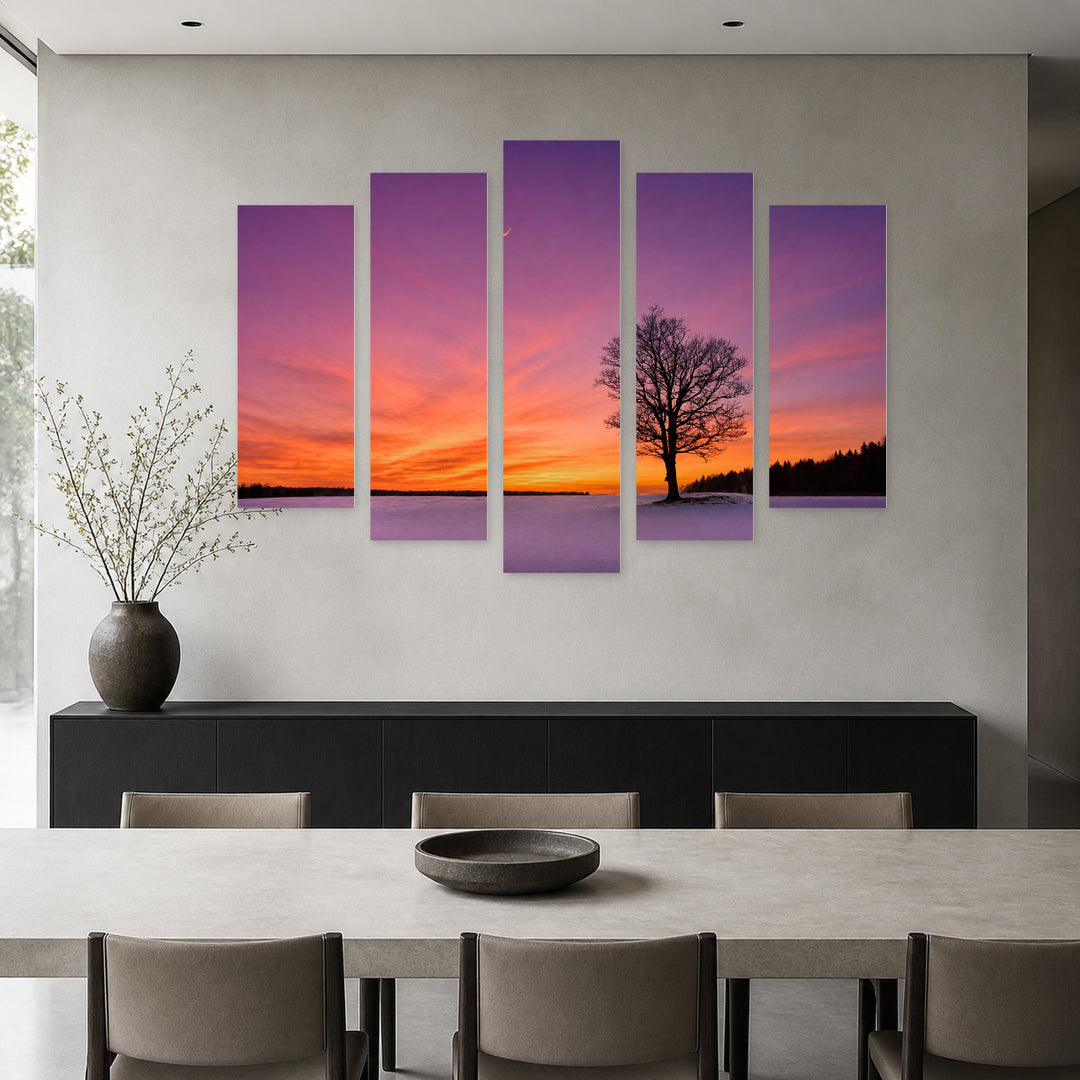 Golden Purple Sunset II — five-panel wall art in frontal interior | 5wallart 55374 M3