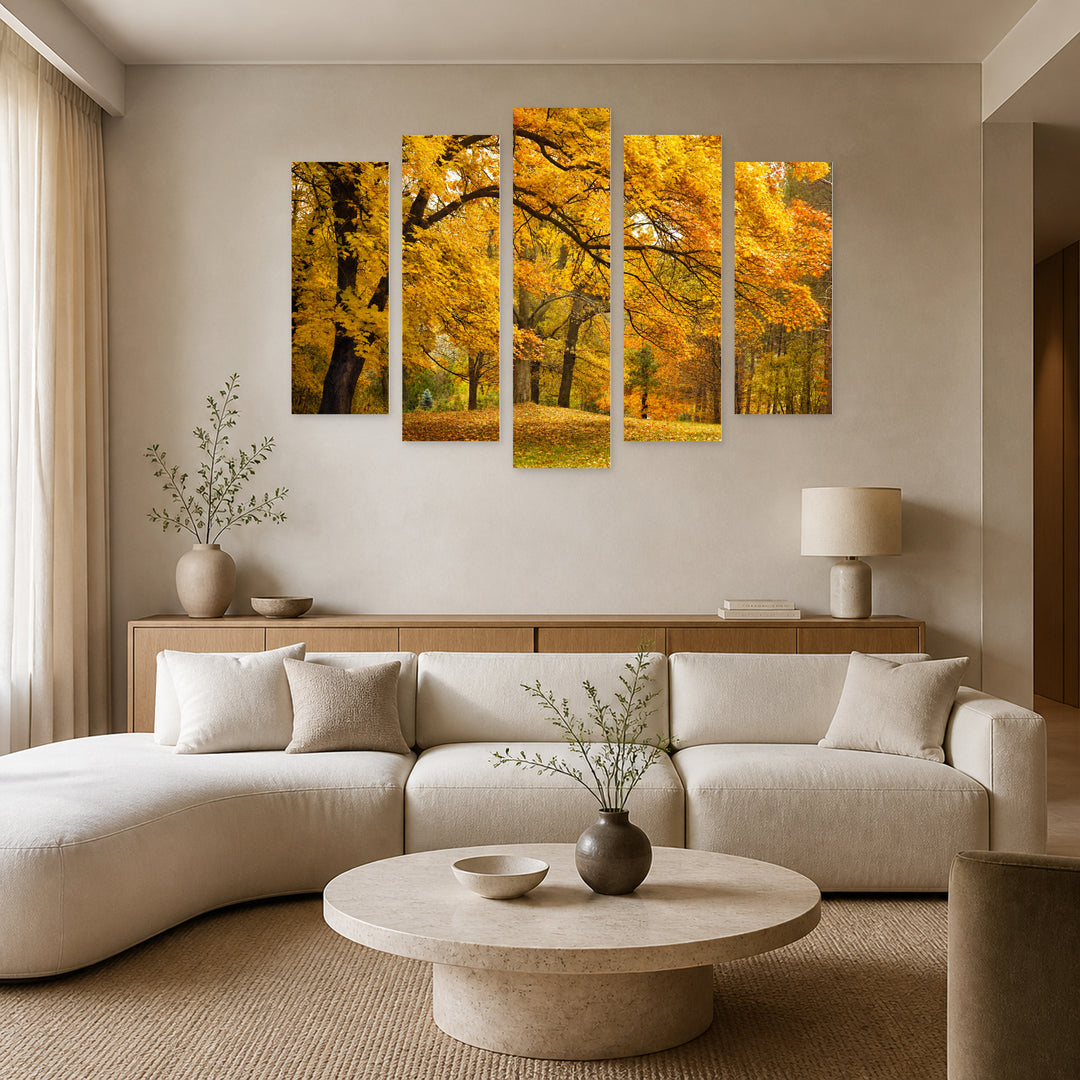 Golden Trees in the Park in Serene Light — five-panel wall art in frontal interior | 5wallart 55375 M3