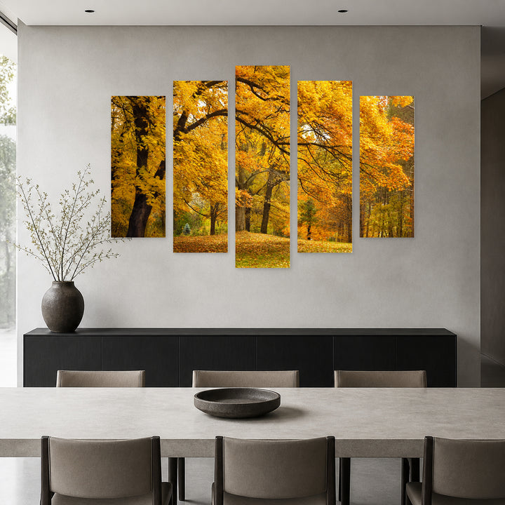 Golden Trees in the Park in Serene Light — five-panel wall art in alternate frontal interior | 5wallart 55375 M4