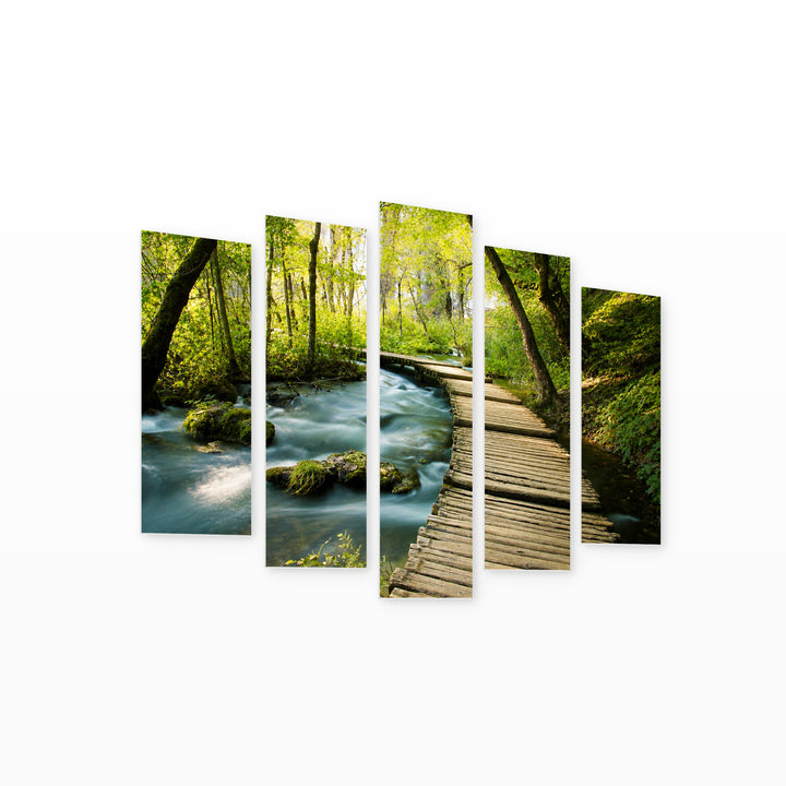 Wooden Path in the Park with Dreamlike Atmosphere — five-panel wall art on white background in perspective | 5wallart 55376 M1