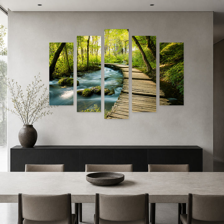 Wooden Path in the Park with Dreamlike Atmosphere — five-panel wall art in frontal interior | 5wallart 55376 M3