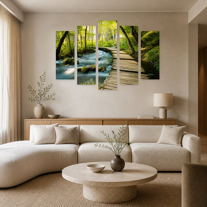 Wooden Path in the Park with Dreamlike Atmosphere — five-panel wall art in alternate frontal interior | 5wallart 55376 M4