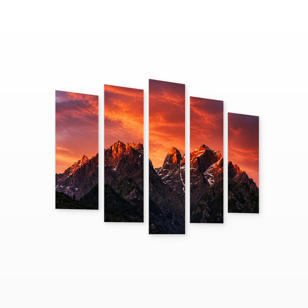 Golden Red Sunset — five-panel wall art on white background in perspective | 5wallart 55377 M1