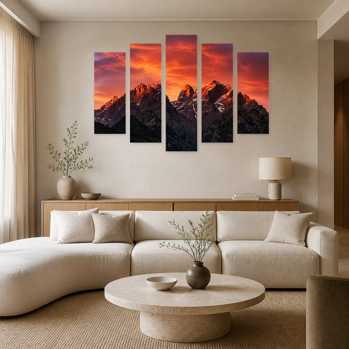 Golden Red Sunset — five-panel wall art in frontal interior | 5wallart 55377 M3