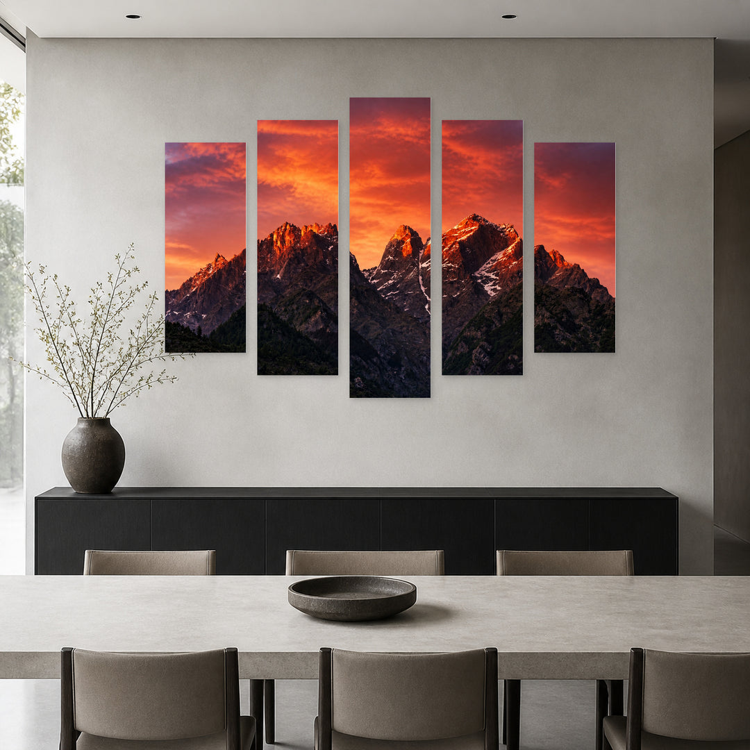 Golden Red Sunset — five-panel wall art in alternate frontal interior | 5wallart 55377 M4