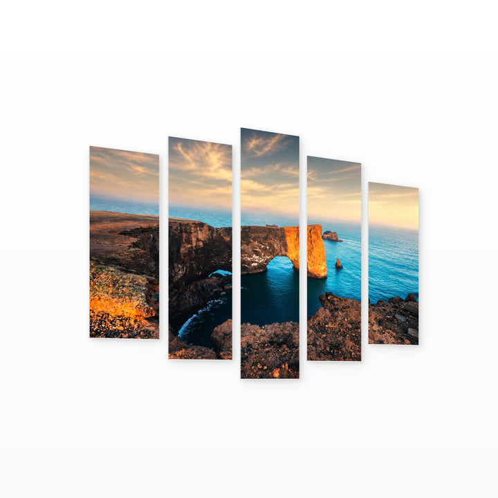 Arch in the Sea in Blue and Gold — five-panel wall art on white background in perspective | 5wallart 55378 M1