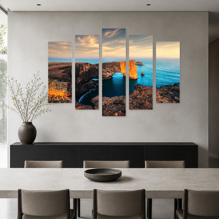 Arch in the Sea in Blue and Gold — five-panel wall art in frontal interior | 5wallart 55378 M3