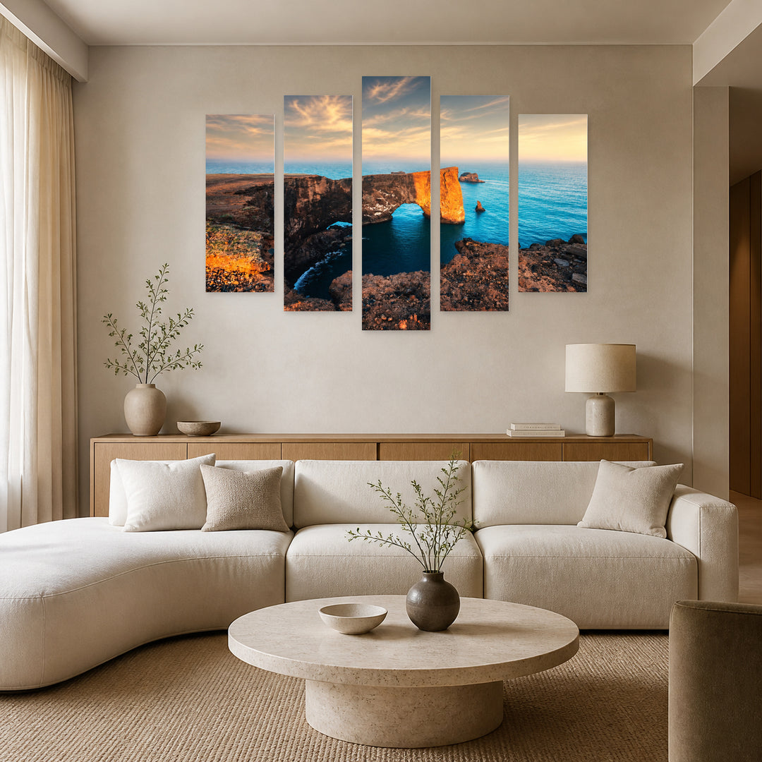 Arch in the Sea in Blue and Gold — five-panel wall art in alternate frontal interior | 5wallart 55378 M4