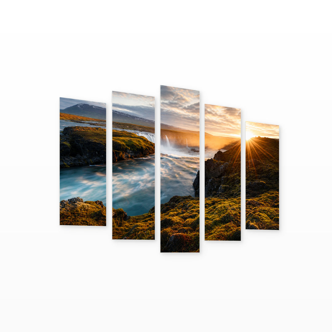 Magical Waterfalls in Serene Light — five-panel wall art on white background in perspective | 5wallart 55379 M1