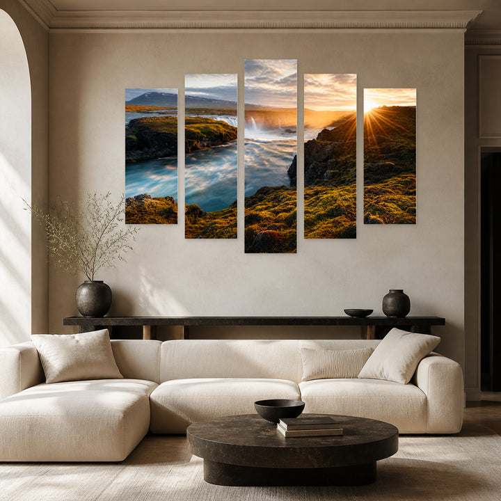 Magical Waterfalls in Serene Light — five-panel wall art in frontal interior | 5wallart 55379 M3