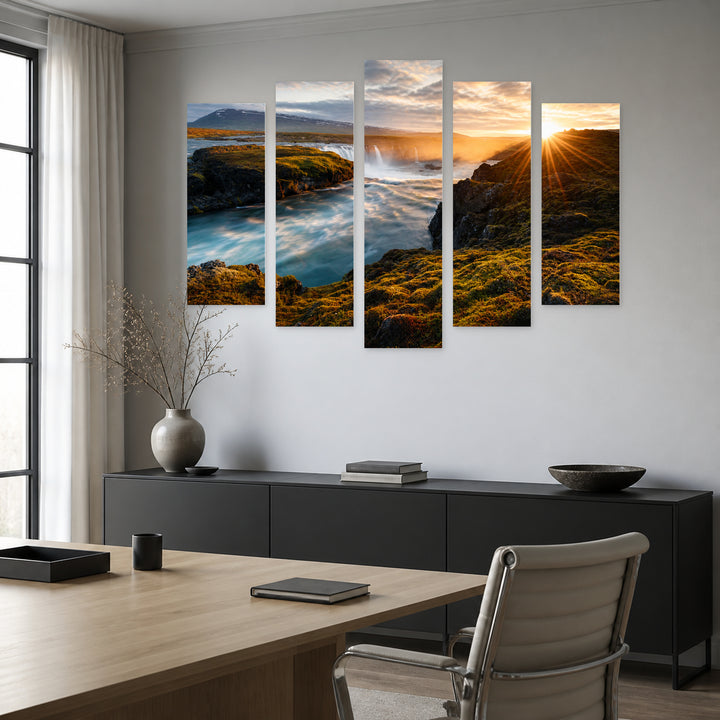 Magical Waterfalls in Serene Light — five-panel wall art in alternate frontal interior | 5wallart 55379 M4