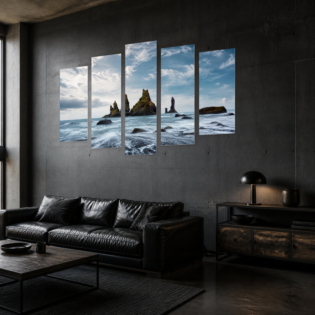 Basalt Rock Formations with Geometric Rhythm — five-panel wall art in perspective interior | 5wallart 55380 M2