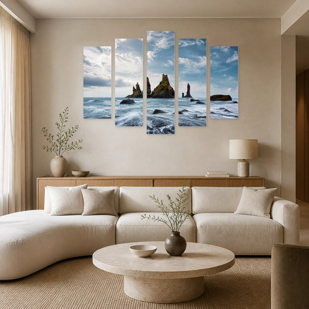 Basalt Rock Formations with Geometric Rhythm — five-panel wall art in alternate frontal interior | 5wallart 55380 M4