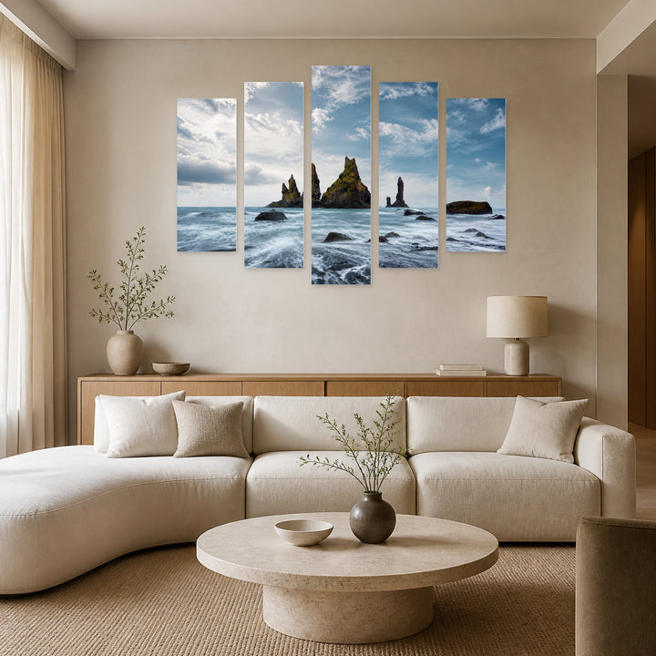 Basalt Rock Formations with Geometric Rhythm — five-panel wall art in alternate frontal interior | 5wallart 55380 M4