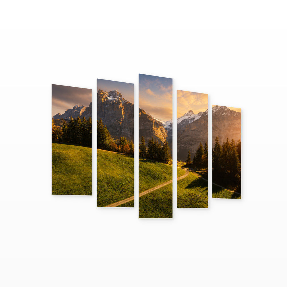 Mountains at Golden Sunset — five-panel wall art on white background in perspective | 5wallart 55381 M1