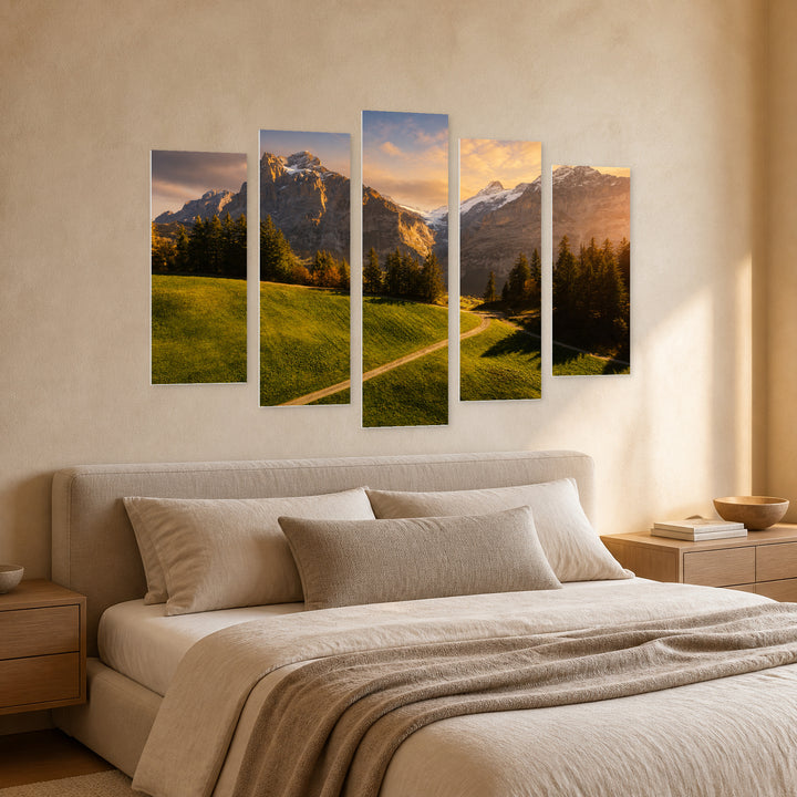 Mountains at Golden Sunset — five-panel wall art in perspective interior | 5wallart 55381 M2