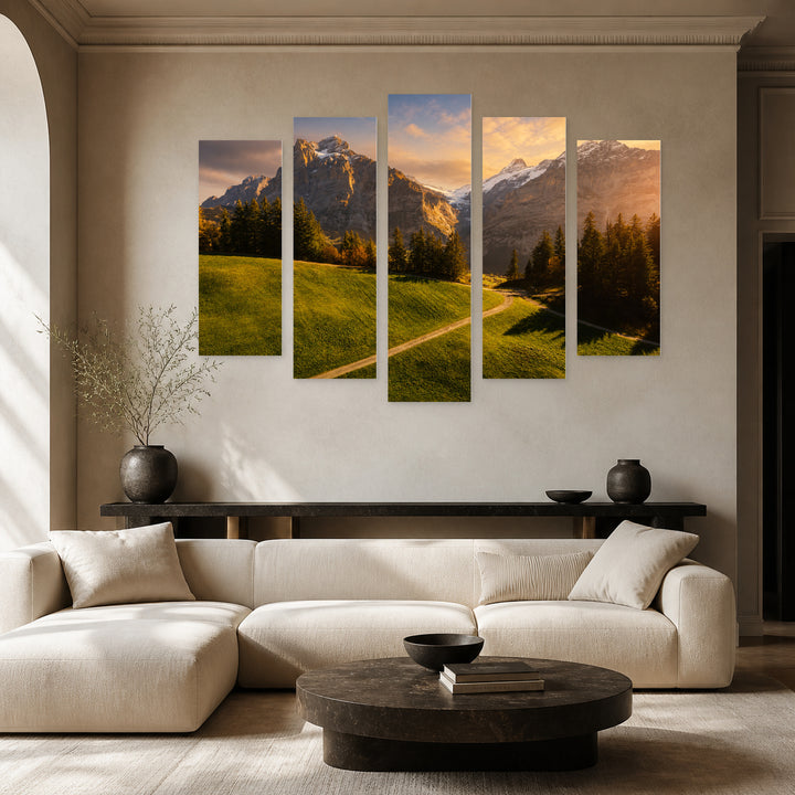 Mountains at Golden Sunset — five-panel wall art in frontal interior | 5wallart 55381 M3