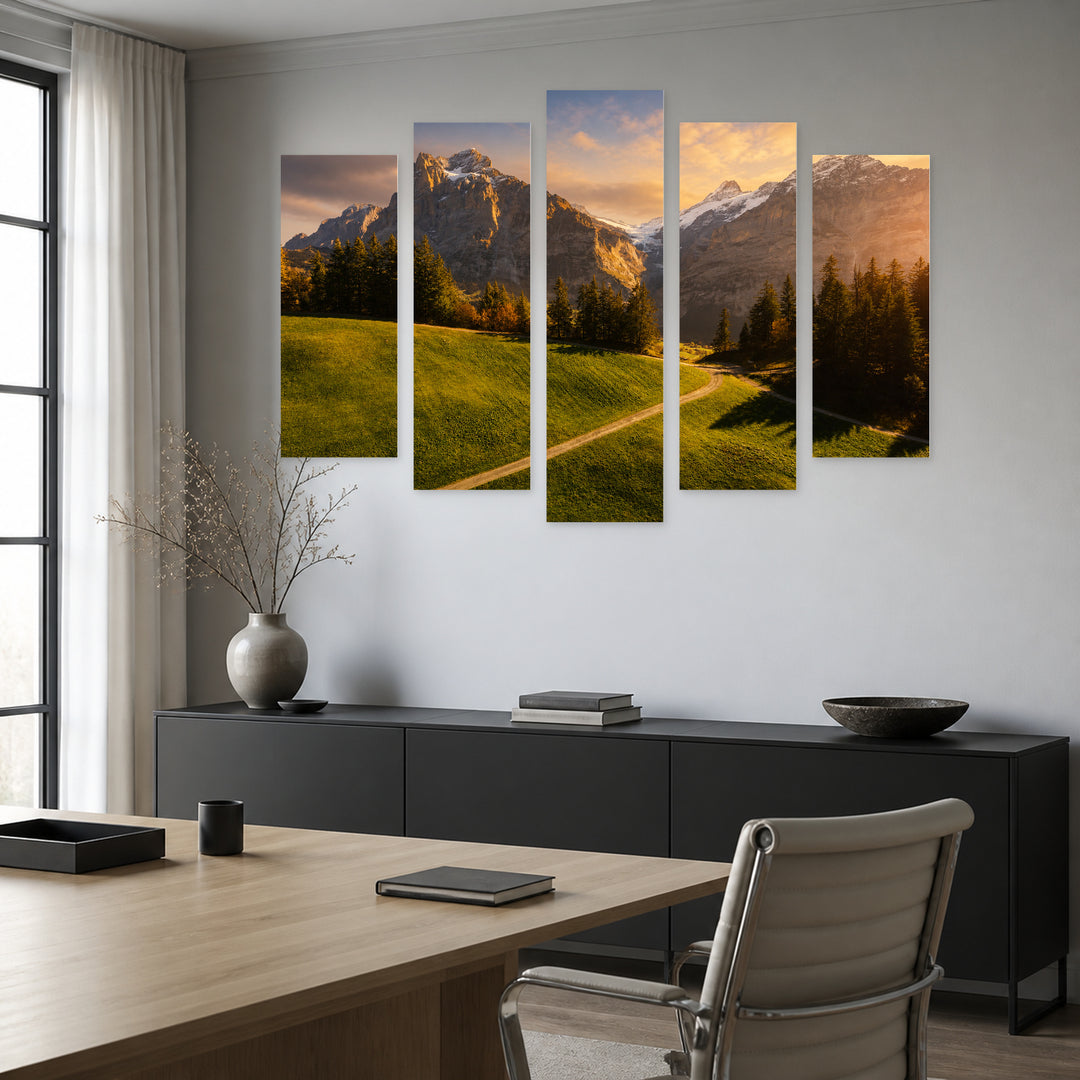 Mountains at Golden Sunset — five-panel wall art in alternate frontal interior | 5wallart 55381 M4
