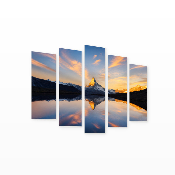 Natural Reflections in Blue and Gold — five-panel wall art on white background in perspective | 5wallart 55382 M1