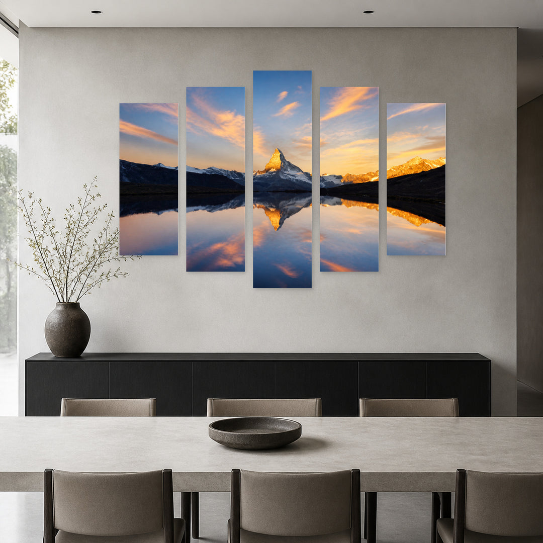 Natural Reflections in Blue and Gold — five-panel wall art in frontal interior | 5wallart 55382 M3