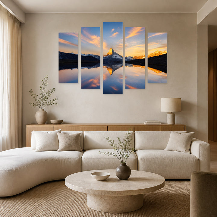 Natural Reflections in Blue and Gold — five-panel wall art in alternate frontal interior | 5wallart 55382 M4