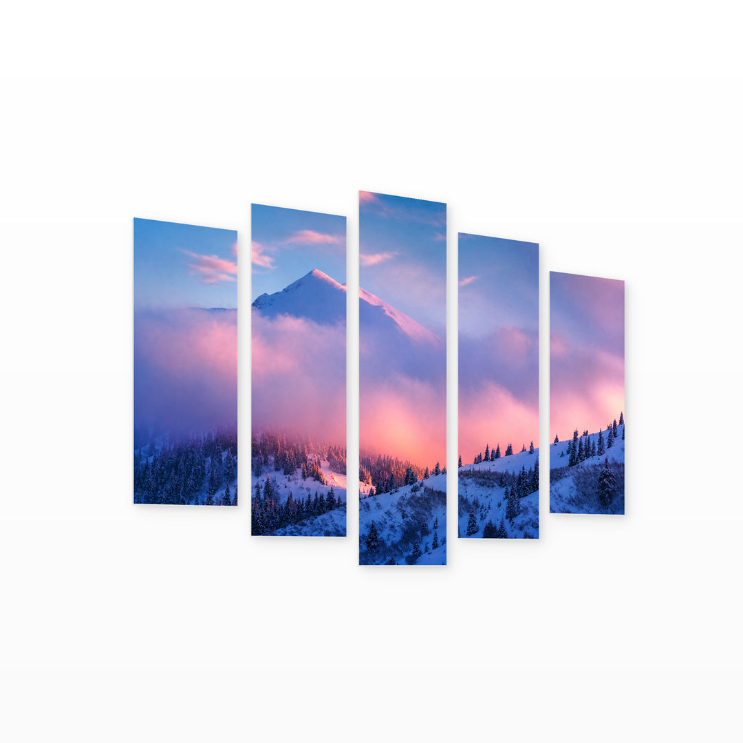 Winter Landscape with Pink Evening Light Landscape Study — five-panel wall art on white background in perspective | 5wallart 55383 M1