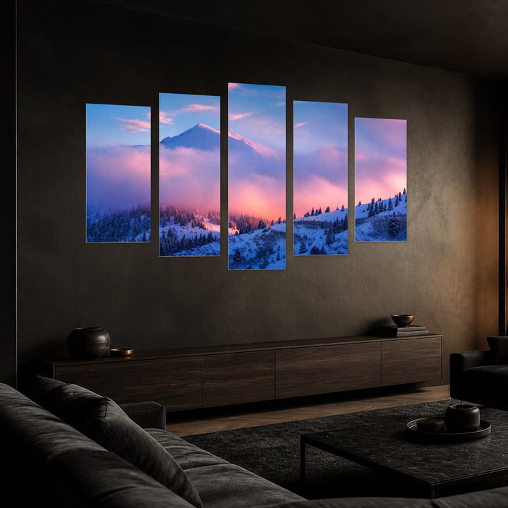 Winter Landscape with Pink Evening Light Landscape Study — five-panel wall art in perspective interior | 5wallart 55383 M2