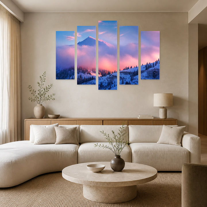Winter Landscape with Pink Evening Light Landscape Study — five-panel wall art in frontal interior | 5wallart 55383 M3