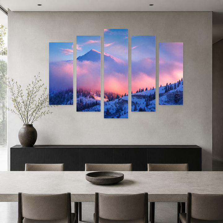 Winter Landscape with Pink Evening Light Landscape Study — five-panel wall art in alternate frontal interior | 5wallart 55383 M4