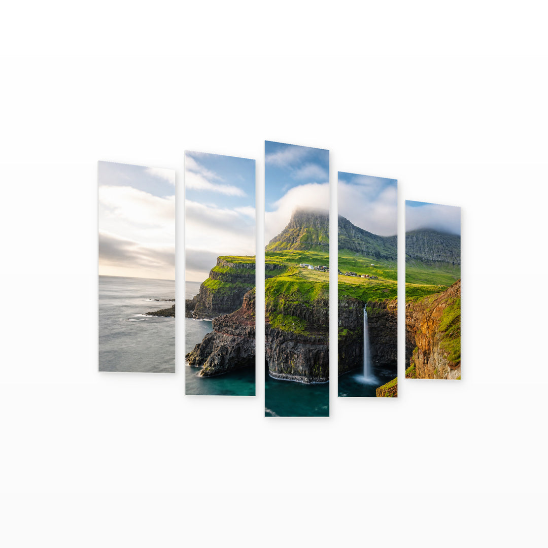 Landscape with Waterfall and Rocks in Serene Light — five-panel wall art on white background in perspective | 5wallart 55385 M1