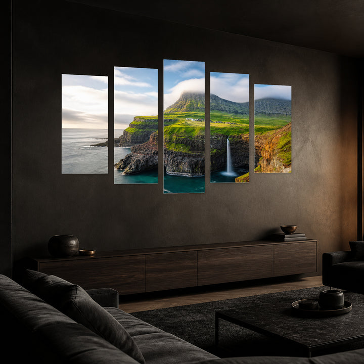 Landscape with Waterfall and Rocks in Serene Light — five-panel wall art in perspective interior | 5wallart 55385 M2