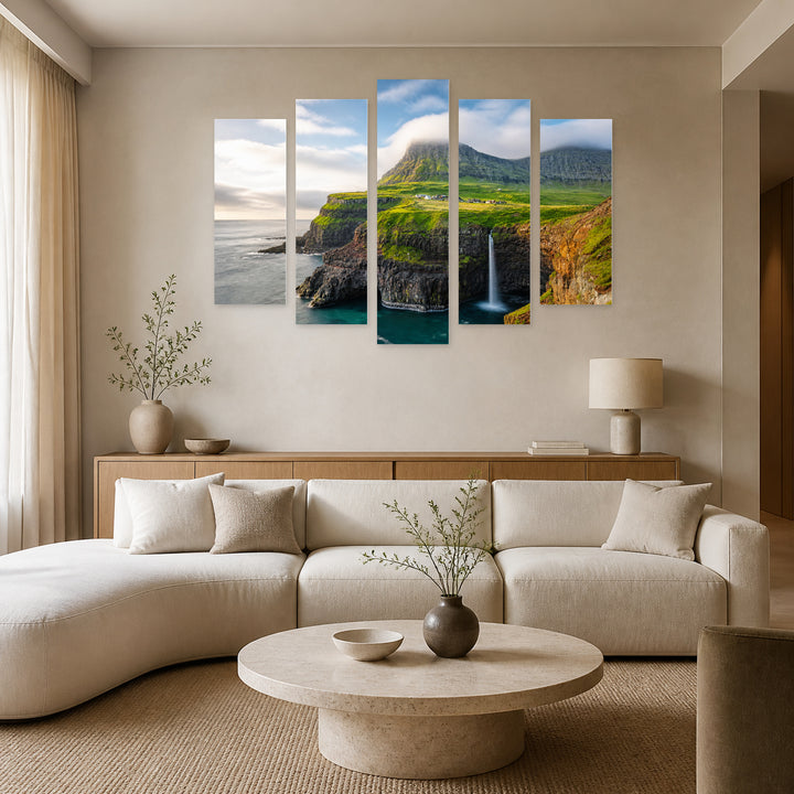 Landscape with Waterfall and Rocks in Serene Light — five-panel wall art in frontal interior | 5wallart 55385 M3