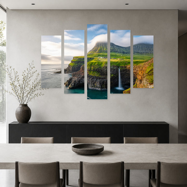 Landscape with Waterfall and Rocks in Serene Light — five-panel wall art in alternate frontal interior | 5wallart 55385 M4