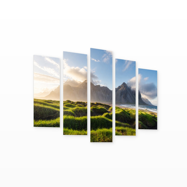 Luxurious Dune Landscape with Dreamlike Atmosphere — five-panel wall art on white background in perspective | 5wallart 55386 M1