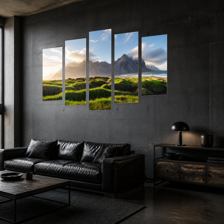 Luxurious Dune Landscape with Dreamlike Atmosphere — five-panel wall art in perspective interior | 5wallart 55386 M2