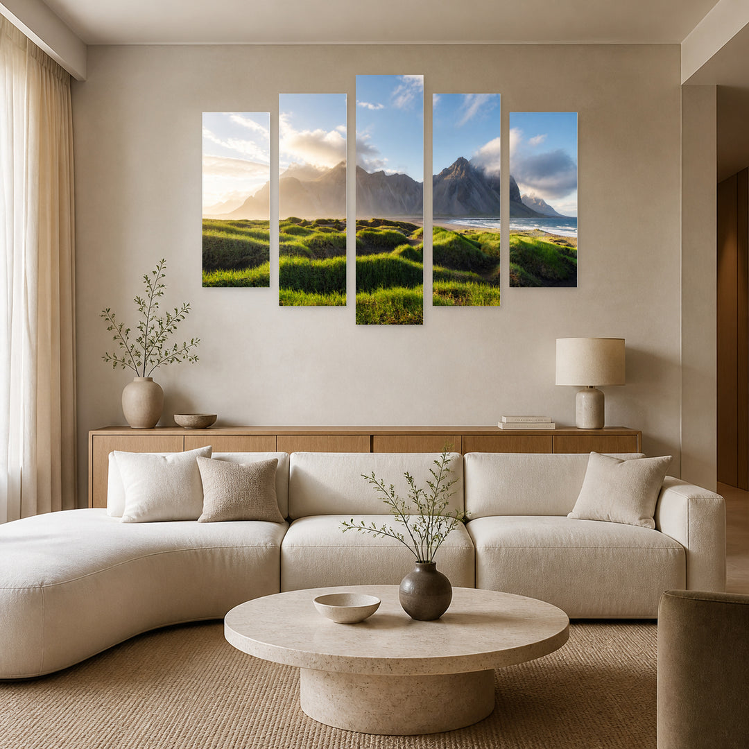 Luxurious Dune Landscape with Dreamlike Atmosphere — five-panel wall art in alternate frontal interior | 5wallart 55386 M4
