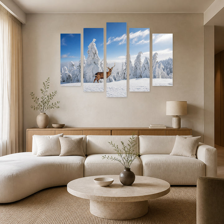 Fantastic Winter Landscape with Snowy Trees and Wild — five-panel wall art in frontal interior | 5wallart 55387 M3