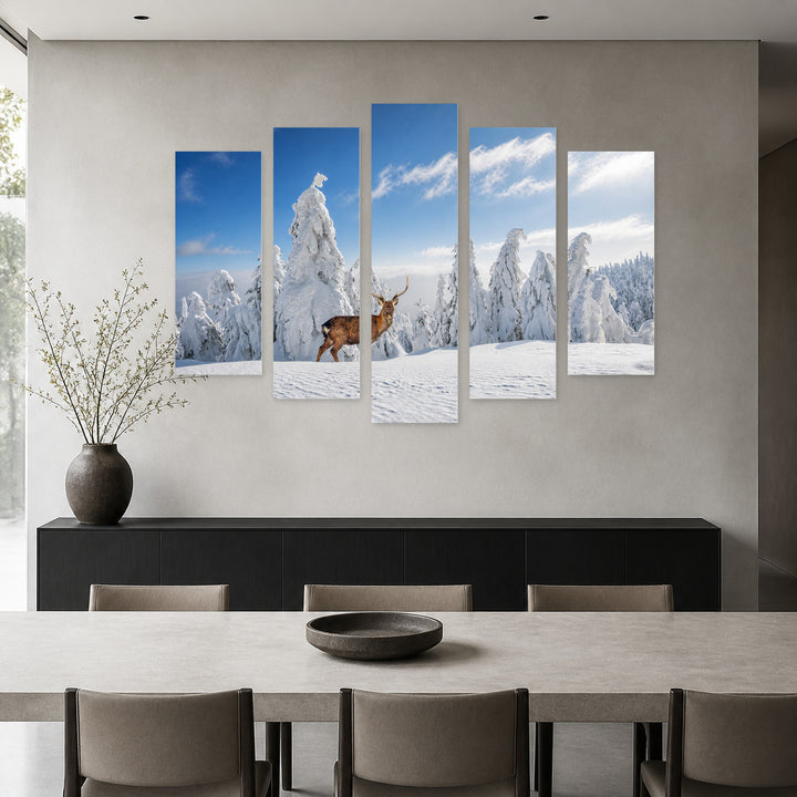 Fantastic Winter Landscape with Snowy Trees and Wild — five-panel wall art in alternate frontal interior | 5wallart 55387 M4