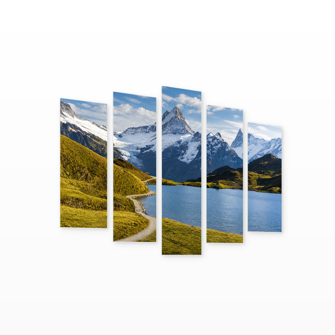 Picturesque Lake View in Serene Light — five-panel wall art on white background in perspective | 5wallart 55388 M1
