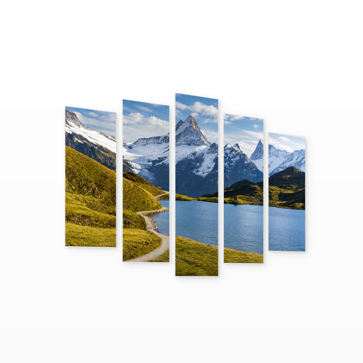 Picturesque Lake View in Serene Light — five-panel wall art on white background in perspective | 5wallart 55388 M1
